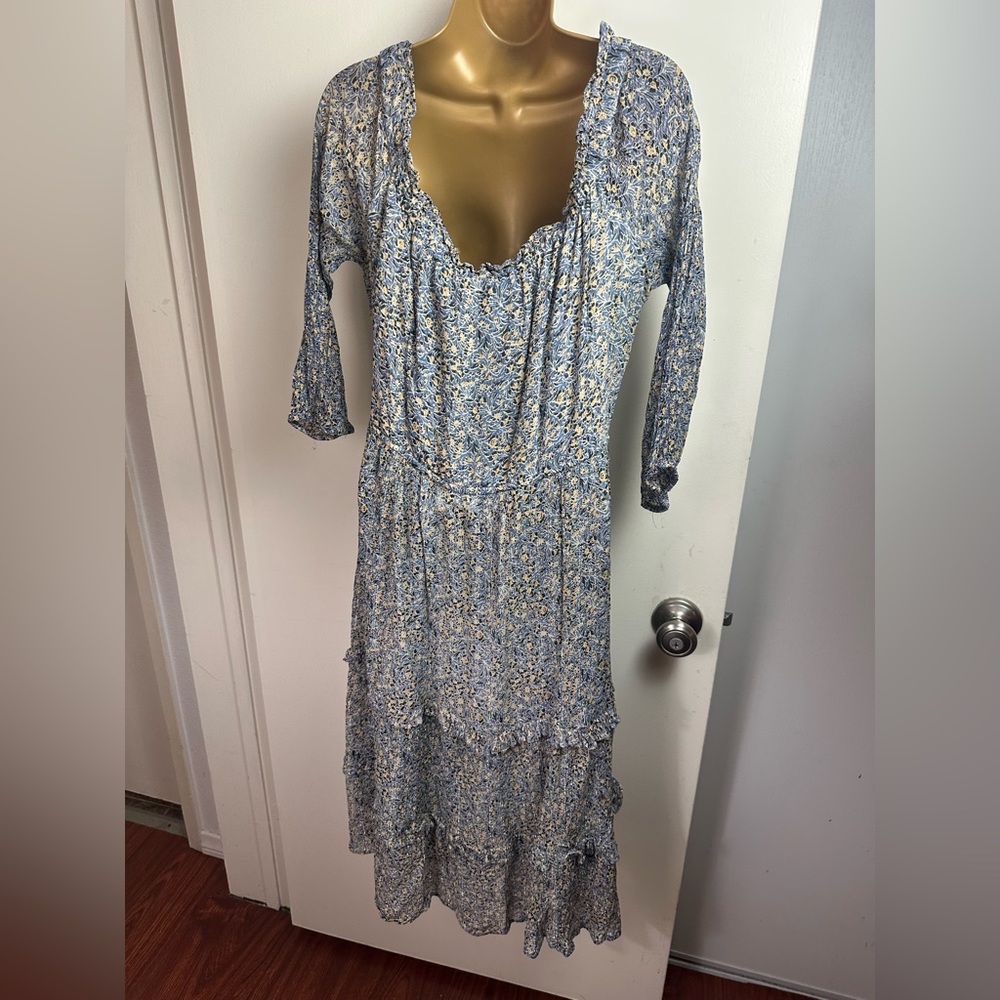 By Anthropologie Blue Kira Off-The-Shoulder Adjustable TieWaist Peasant Dress 14 - Picture 9 of 16